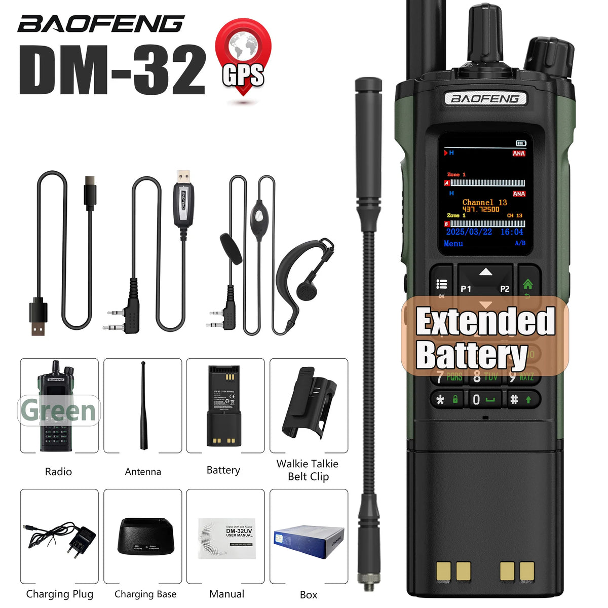 BAOFENG DM-32 DM32 Extended Battery 10W DMR Ham 2 Way Radio GPS Matching Writing Frequency Satellite Positioning USB C Belt Clip