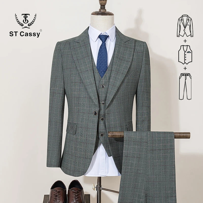 ST Cassy High Quality Khaki Plaid Suit Formal Business Office Men's Suits Fashionable and Casual Evening Gown