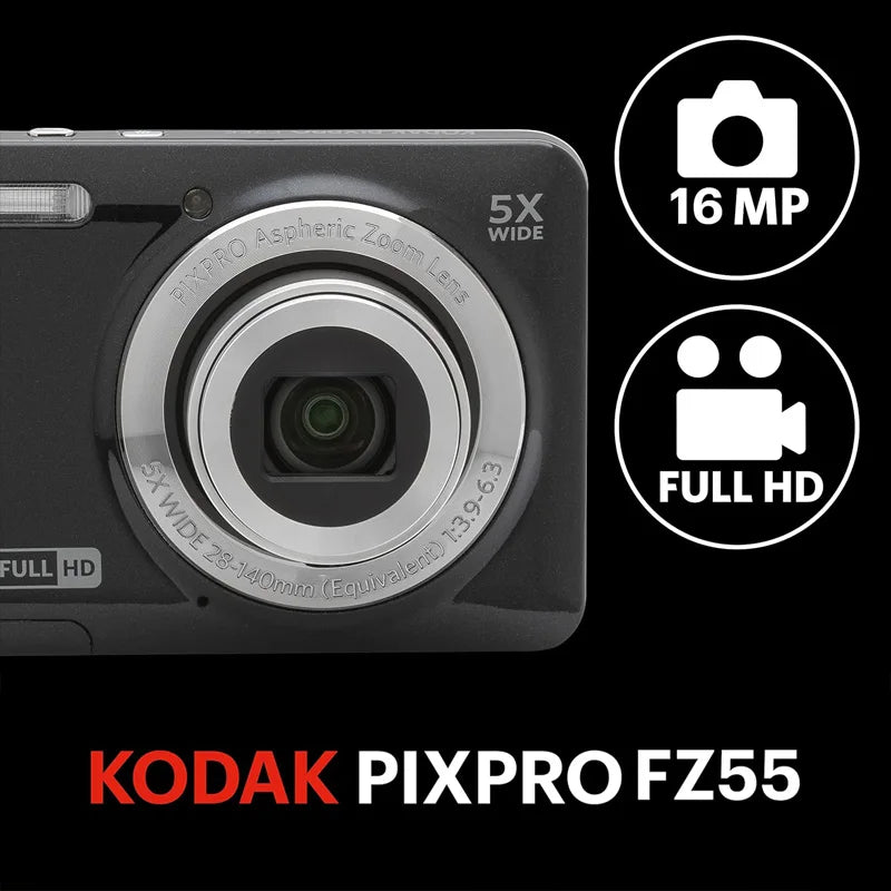 KODAK PIXPRO FZ55 16MP Digital Camera 5X Optical Zoom 28mm Wide Angle 1080P Full HD Video 2.7" LCD Vlogging Camera