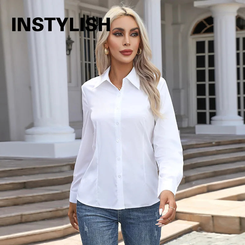 Women Elegant Solid Button Shirt Chiffon Blouse Spring Summer Casual Solid Long Sleeve Turn Down Collar Tunics OL Shirt Tops