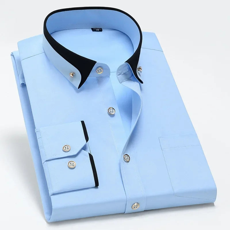 Spring and Autumn New Men's Contrasting Collar Elastic Long Sleeve Shirt Business Casual Comfort No-Iron Shirt Youth Solid Color