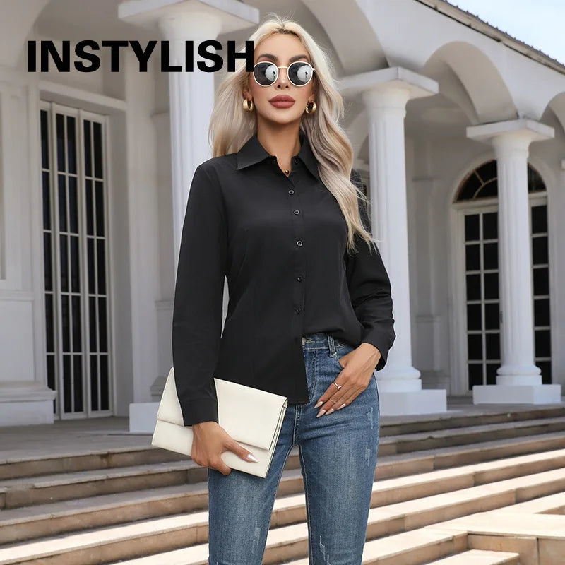 Women Elegant Solid Button Shirt Chiffon Blouse Spring Summer Casual Solid Long Sleeve Turn Down Collar Tunics OL Shirt Tops