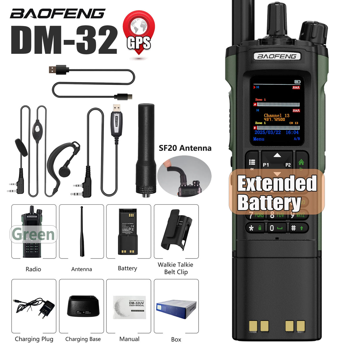 BAOFENG DM-32 DM32 Extended Battery 10W DMR Ham 2 Way Radio GPS Matching Writing Frequency Satellite Positioning USB C Belt Clip