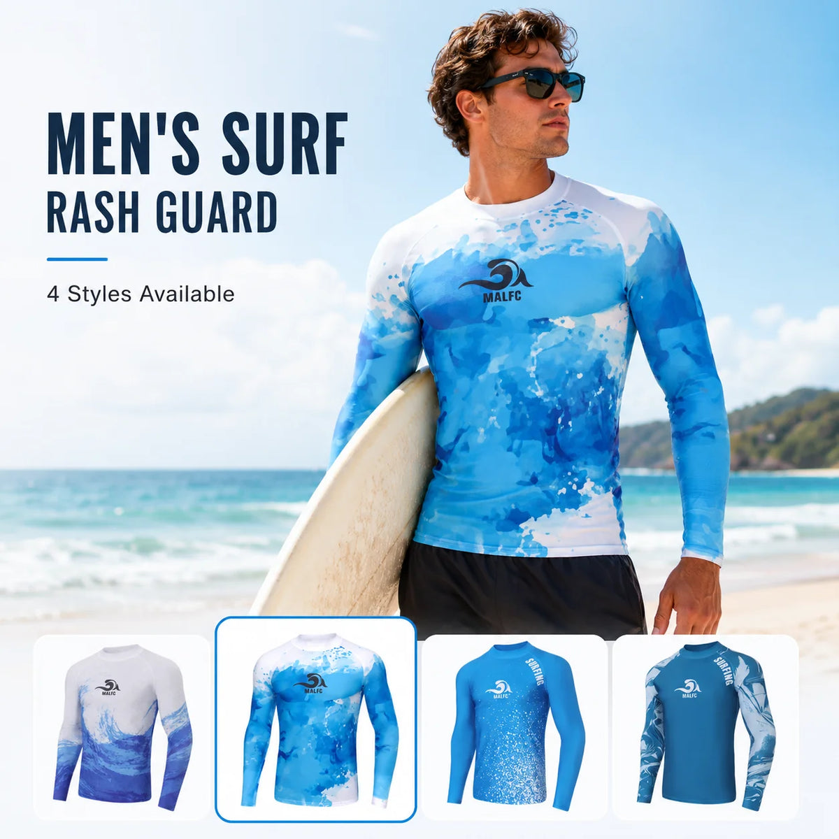 MALFC Long Sleeve T-shirt Swimwear Rash guard for men Surfing Clothes Swimsuit Surf Wear UPF 40 Water Sport