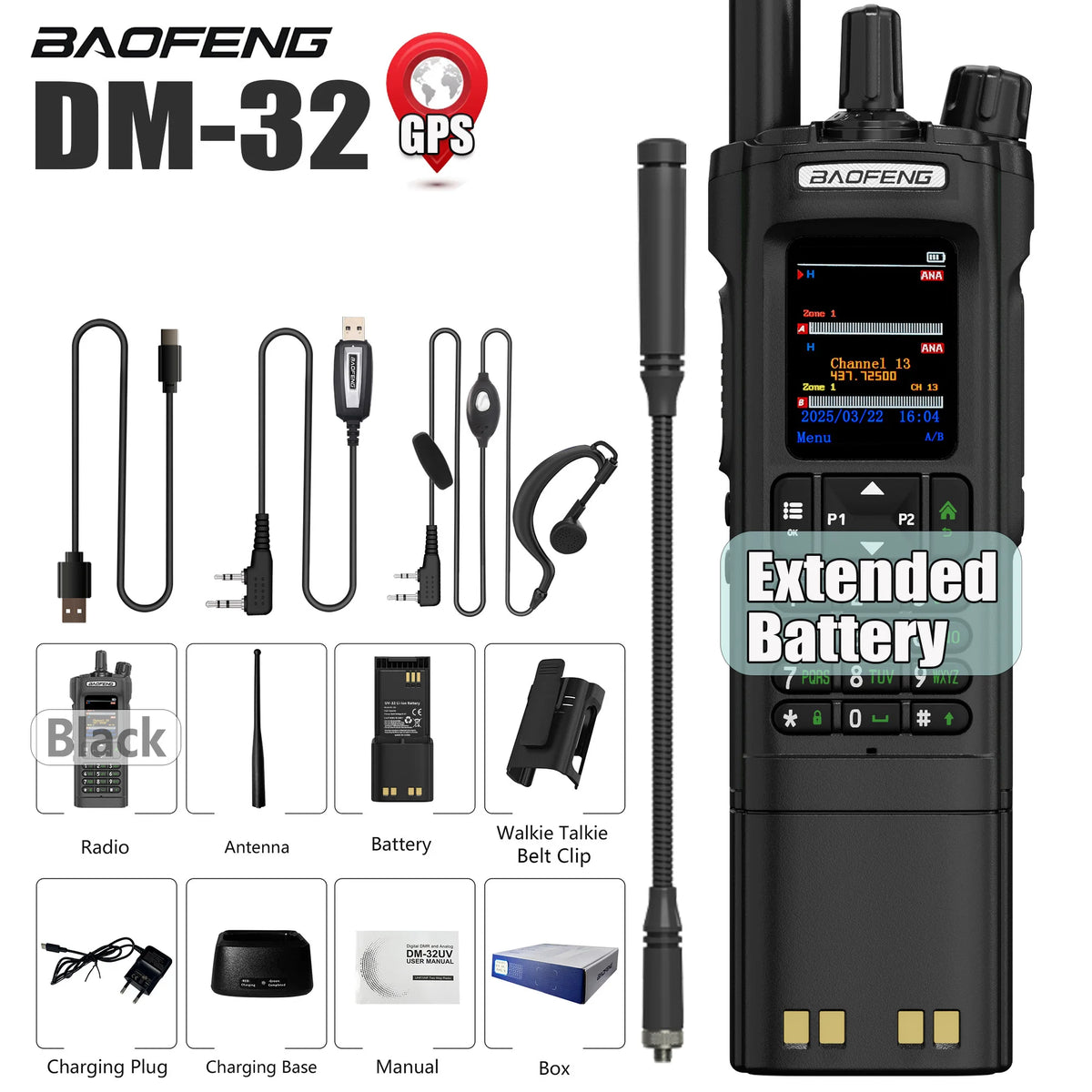 BAOFENG DM-32 DM32 Extended Battery 10W DMR Ham 2 Way Radio GPS Matching Writing Frequency Satellite Positioning USB C Belt Clip