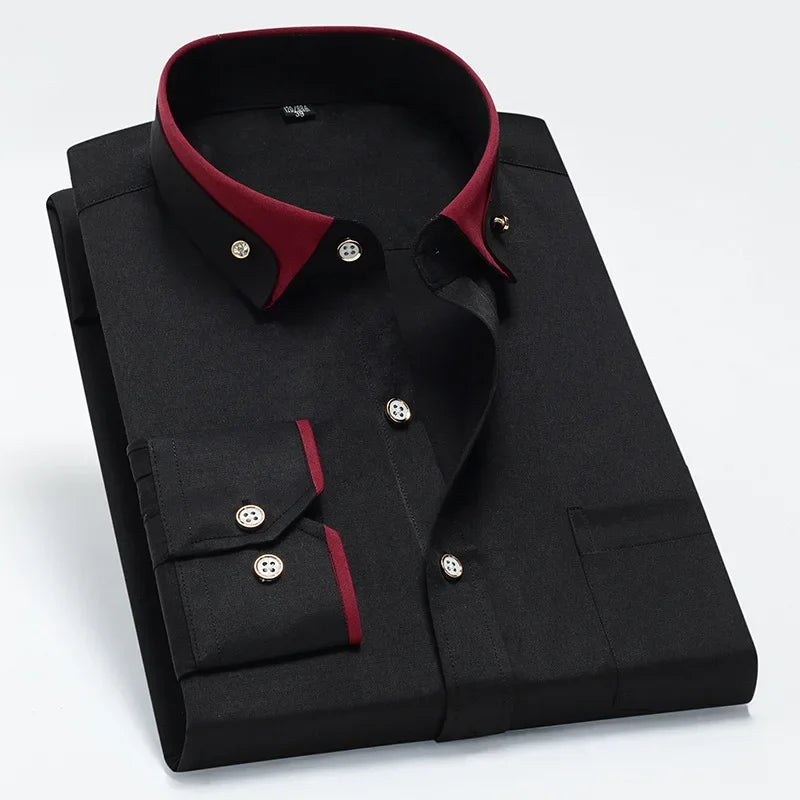 Spring and Autumn New Men's Contrasting Collar Elastic Long Sleeve Shirt Business Casual Comfort No-Iron Shirt Youth Solid Color