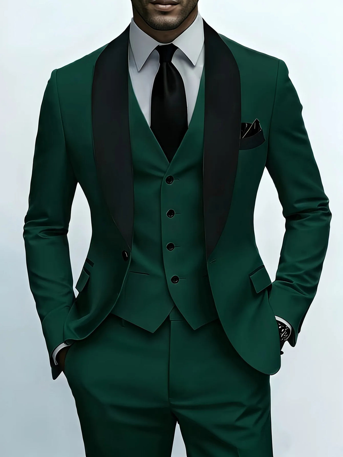 Men'S Green Leaf Collar Three-piece Formal Suit | Contrasting Color Design, Tailored Fit, Includes Vest, Shirt, Pants, Suitable