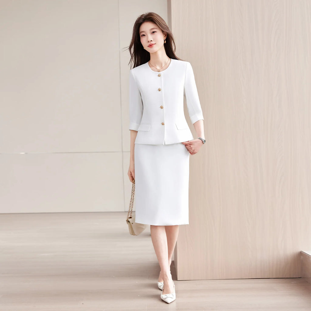 High-End Navy Blue Women's Two-Piece Suit Set Mid-Sleeve round Neck Casual Outfit for Lawyers Teachers Business Summer 2026