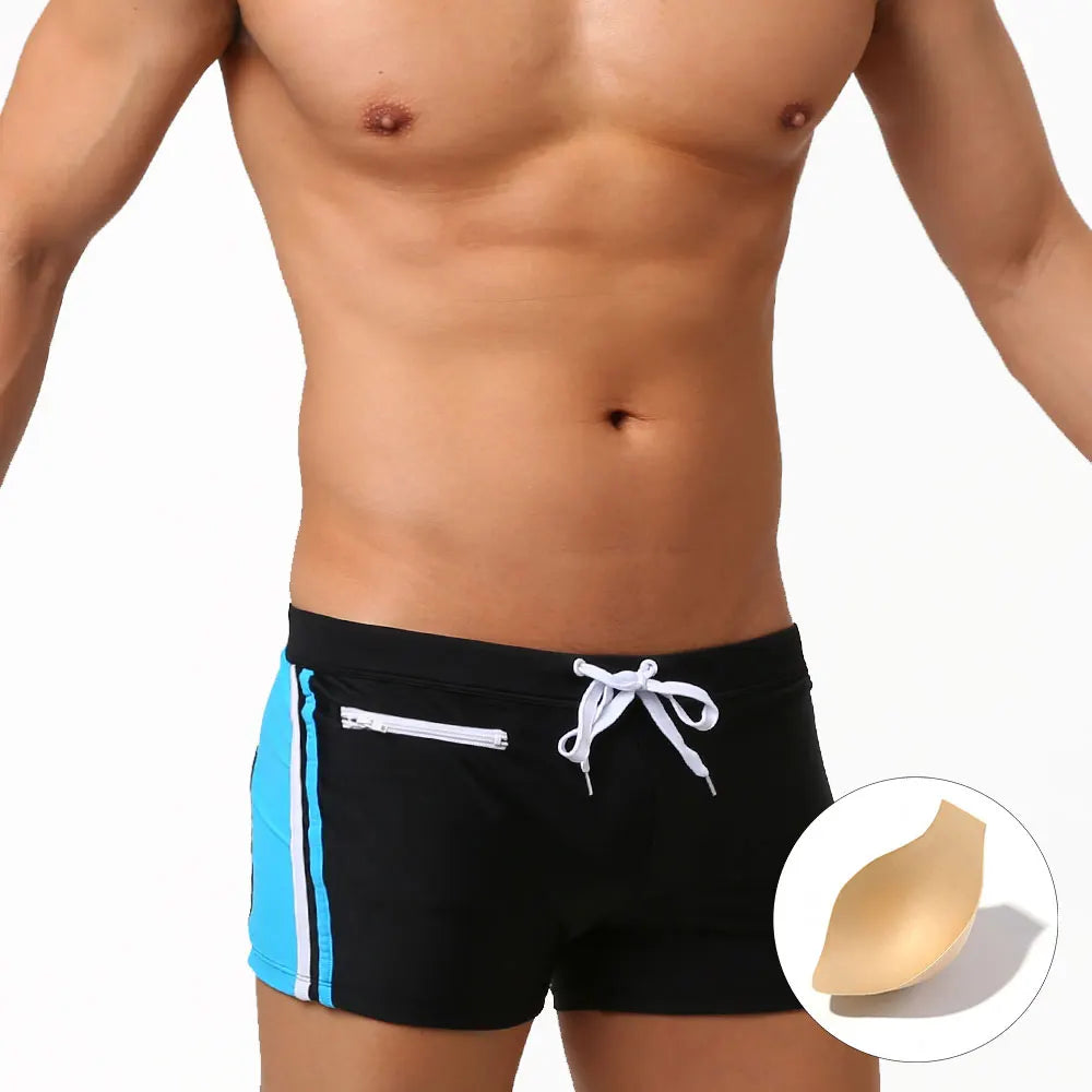 Sexy Swimsuit Beach Quick Drying Trunks Men Swimwear with Zipper Pocket Swimming Boxer Brief Square Leg Bathing Suit Board Short