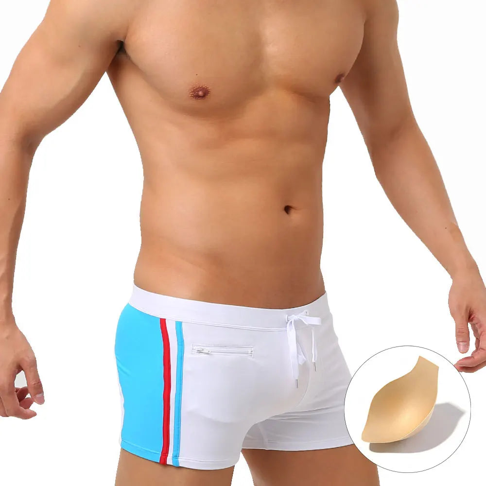 Sexy Swimsuit Beach Quick Drying Trunks Men Swimwear with Zipper Pocket Swimming Boxer Brief Square Leg Bathing Suit Board Short