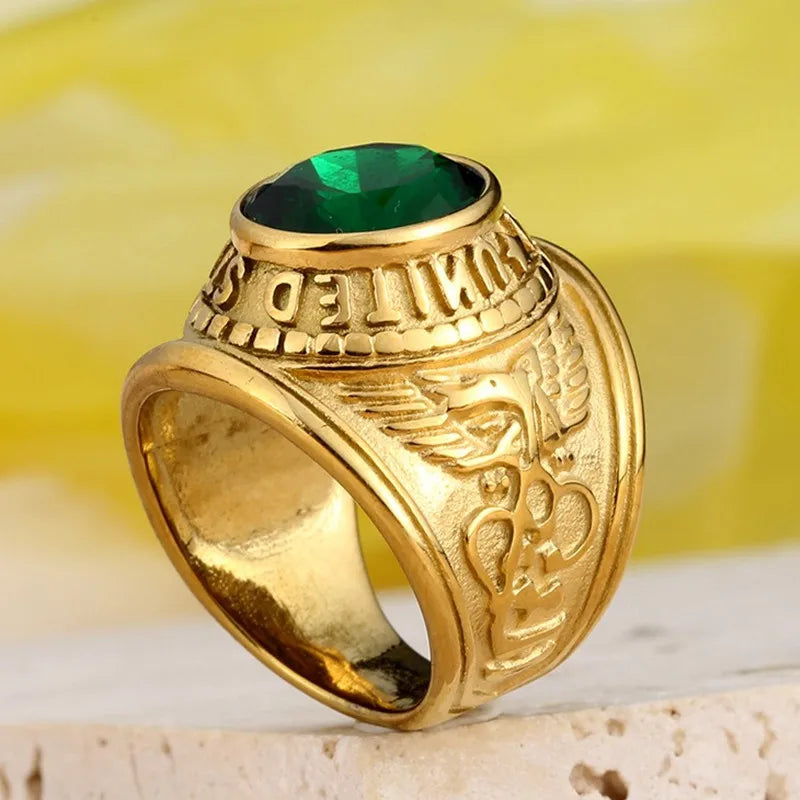 Eagle Earving Stainless Steel Rings for Men Yellow Citrine Gemstones Diamonds 18K Gold Filled Finger Bands Cool Accessory 7-13