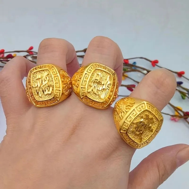 Pure Gold 18 KT Color Ring for Men Bro Luxury Engraving Dragon Adjustable Rings Gentleman Wedding Party Jewelry Gifts