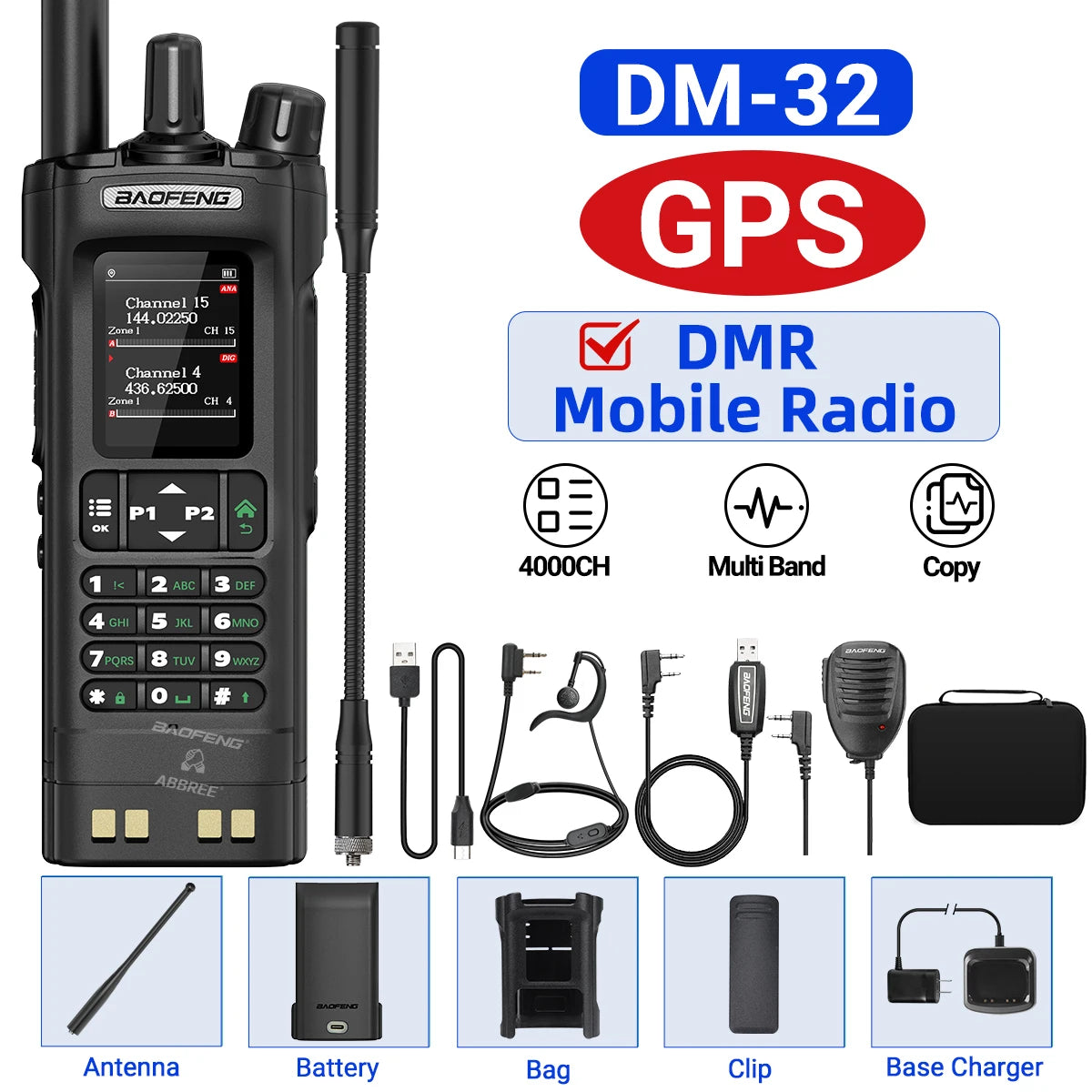 Baofeng DM-32 GPS DMR Digital Analog APRS Walkie Talkie AES256 Encryption Air Band FM AM GMRS Dual Band UHF VHF Radio DM-32UV