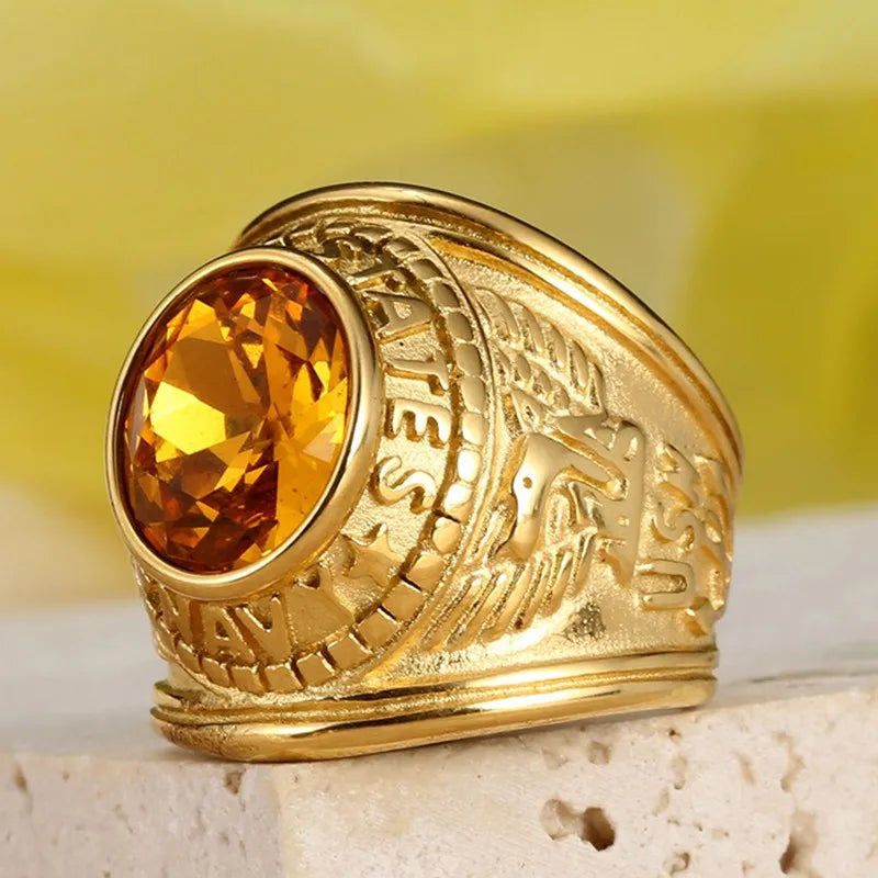 Eagle Earving Stainless Steel Rings for Men Yellow Citrine Gemstones Diamonds 18K Gold Filled Finger Bands Cool Accessory 7-13