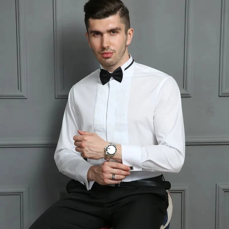 Classic Winged Collar Dress Shirt Men Wingtip Tuxedo Formal With Shirts Red Black Bow Tie Party Dinner Wedding Bridegroom 8XL