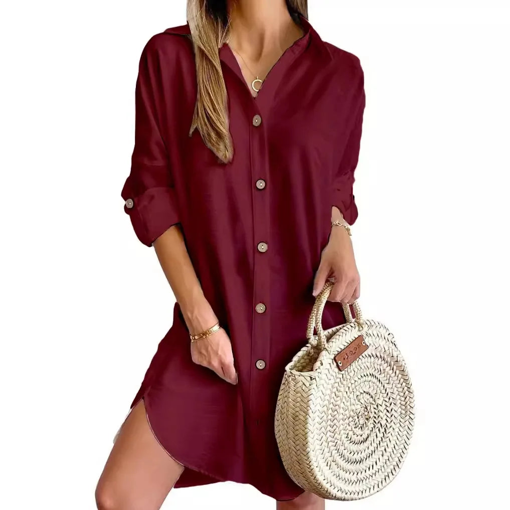 Women's Casual Long Sleeve Button Down Shirt Dress With Roll Tab Sleeves Loose Fit Tunic Dress For Beach Vacation Daily Wear