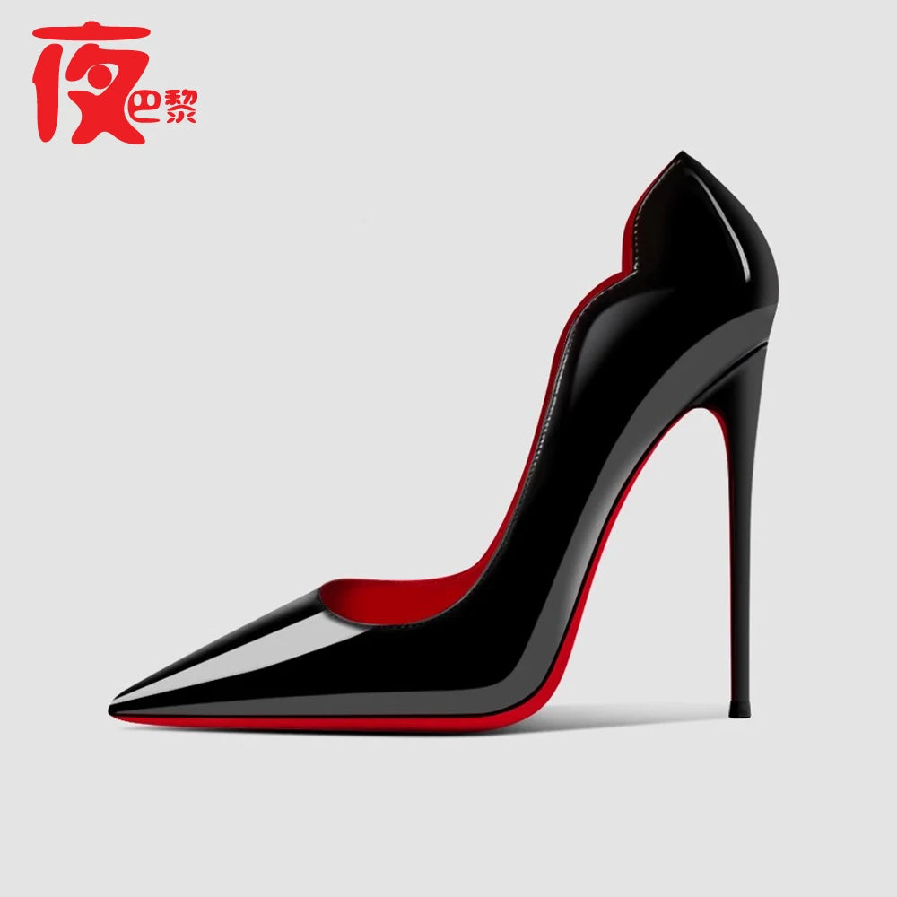 Laser Electric Red High Heels Shallow Mouth Wave Edge Pointed Shoes Sexy 12cm Sexy French Fashion Lady Single Shoes33-46
