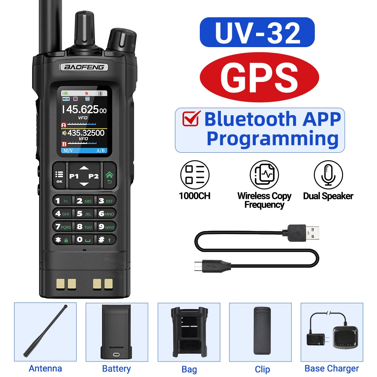 BAOFENG UV-32 GPS Air Band Walkie Talkie Long Range 10W Multi Band Bluetooth Programming Wireless Copy Frequency Two Way Radio