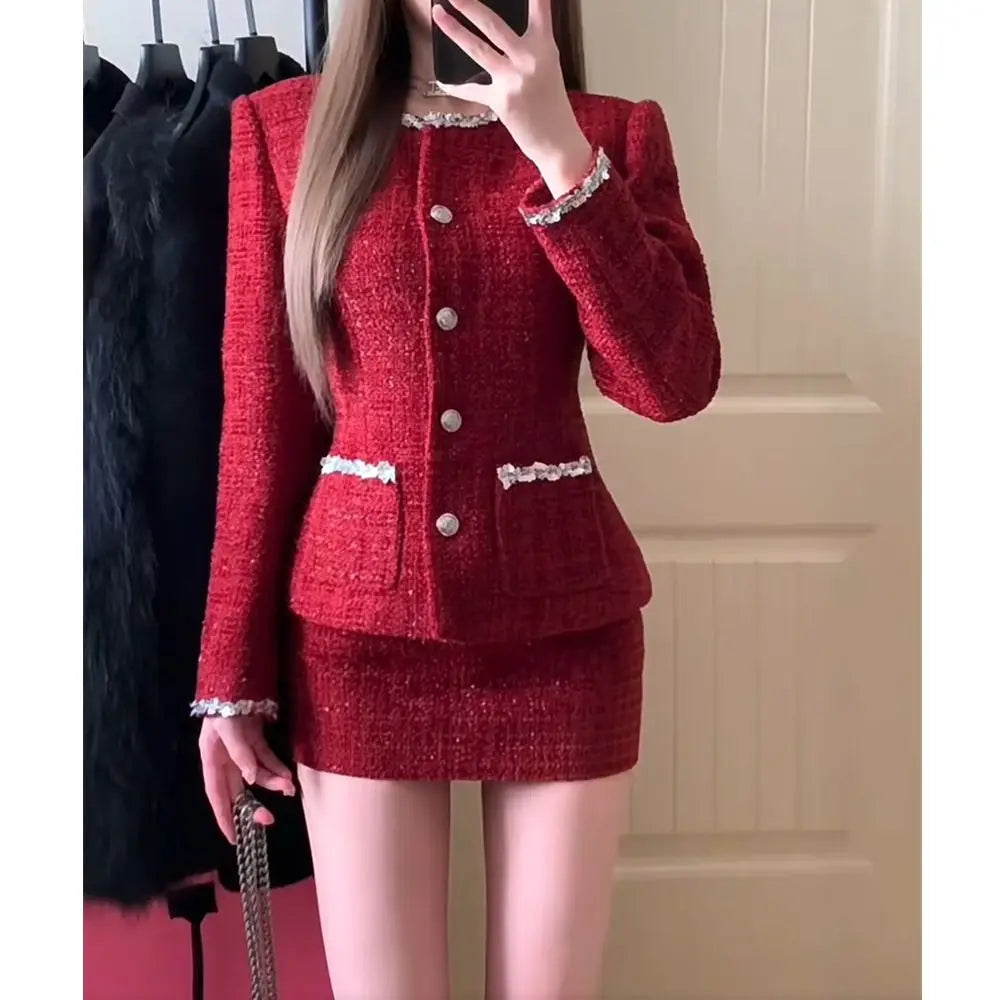 Two Piece Set Women Red Tweed Suit Set with Blazer and Skirt Lace Detail and Buttons Chic Fashion Set for Casual Formal Events