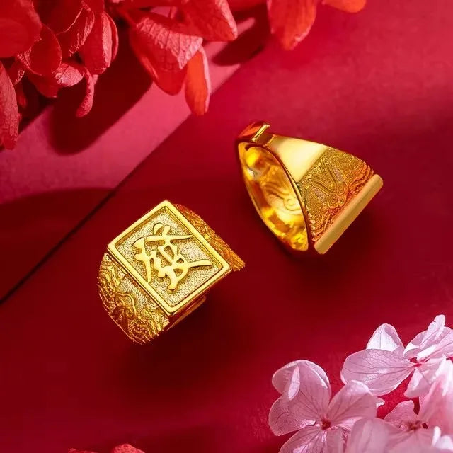 Pure Gold 18 KT Color Ring for Men Bro Luxury Engraving Dragon Adjustable Rings Gentleman Wedding Party Jewelry Gifts
