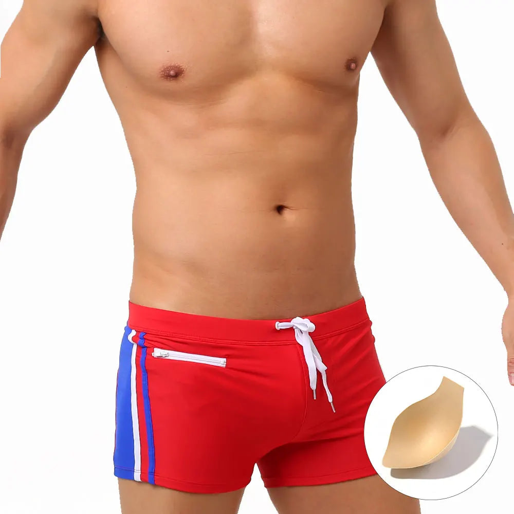 Sexy Swimsuit Beach Quick Drying Trunks Men Swimwear with Zipper Pocket Swimming Boxer Brief Square Leg Bathing Suit Board Short