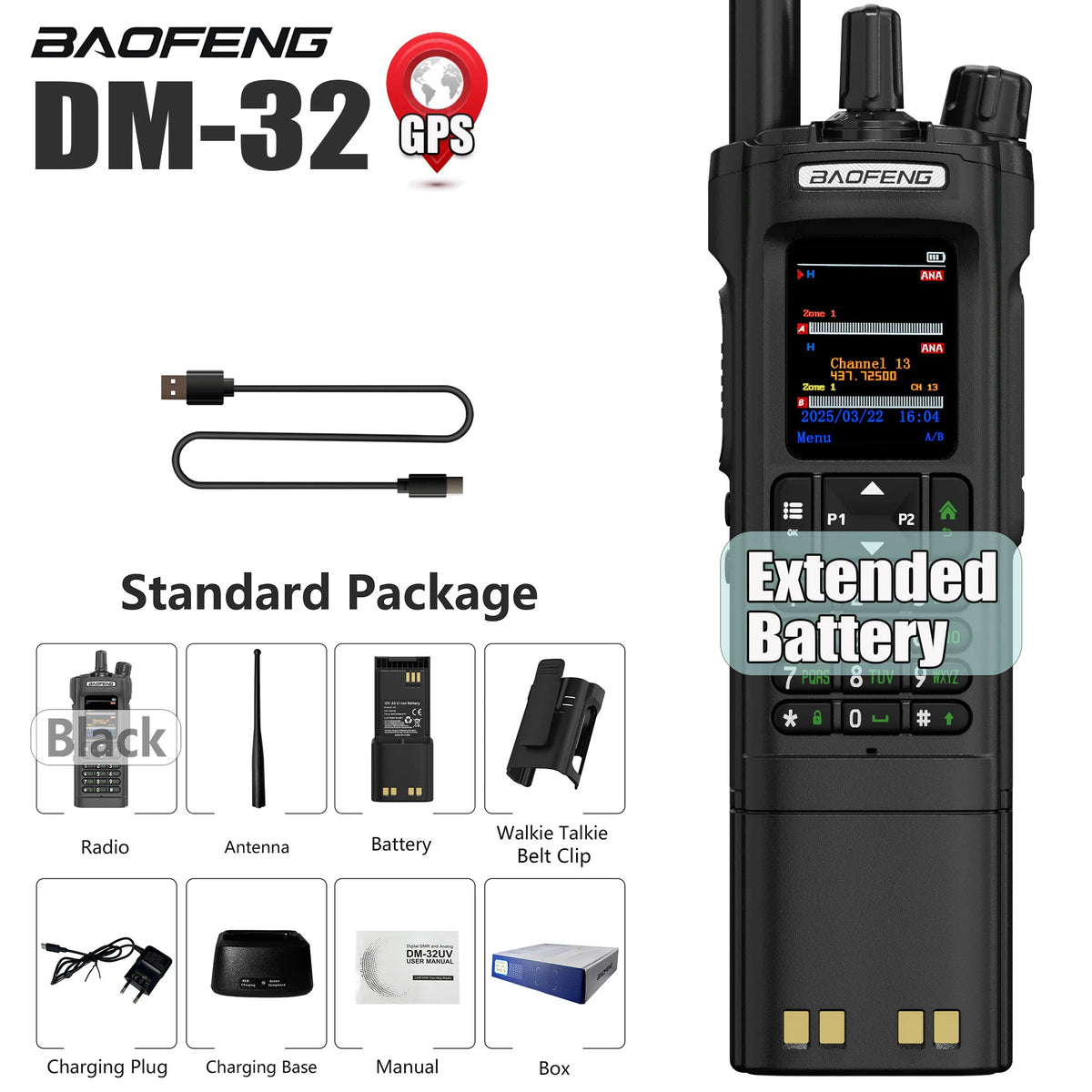 BAOFENG DM-32 DM32 Extended Battery 10W DMR Ham 2 Way Radio GPS Matching Writing Frequency Satellite Positioning USB C Belt Clip