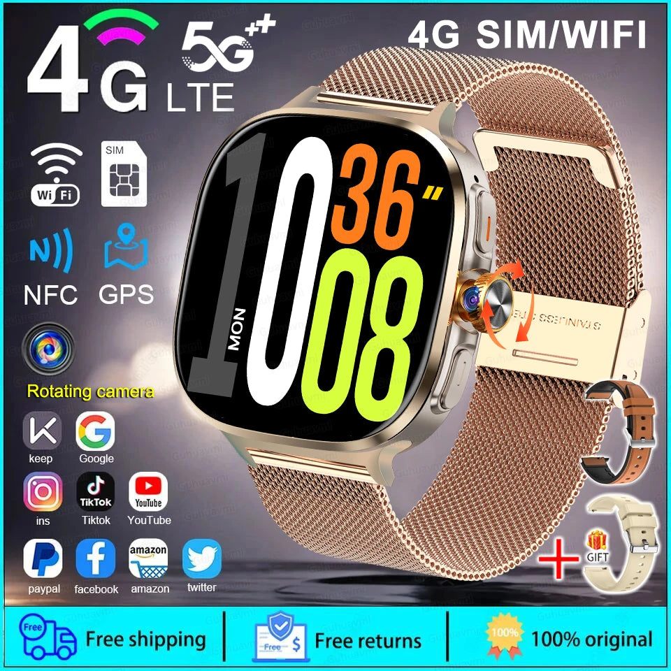 New 4G 5G Full Netcom Smartwatch 2.4 inch Amoled Screen Insert Sim Card GPS WIFI 190° Rotating Camera Game Android Smart Watch
