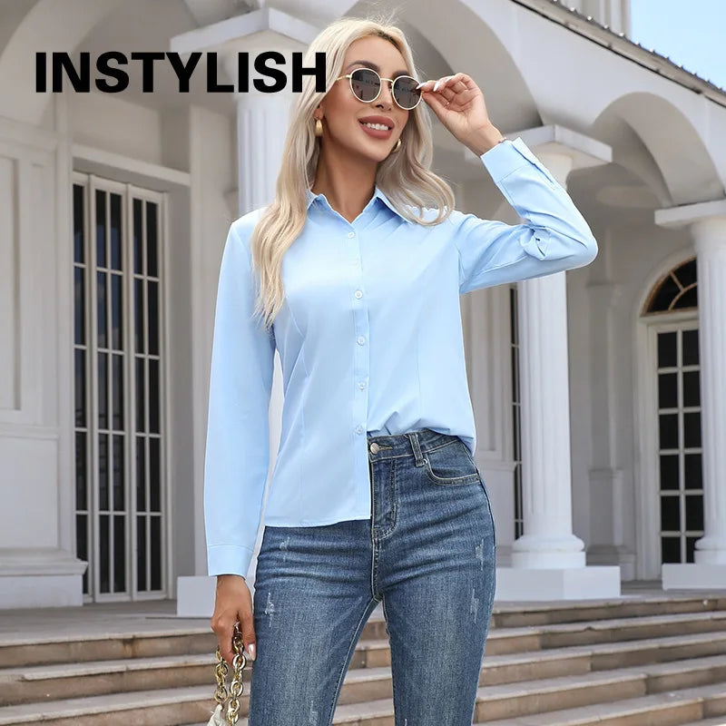 Women Elegant Solid Button Shirt Chiffon Blouse Spring Summer Casual Solid Long Sleeve Turn Down Collar Tunics OL Shirt Tops