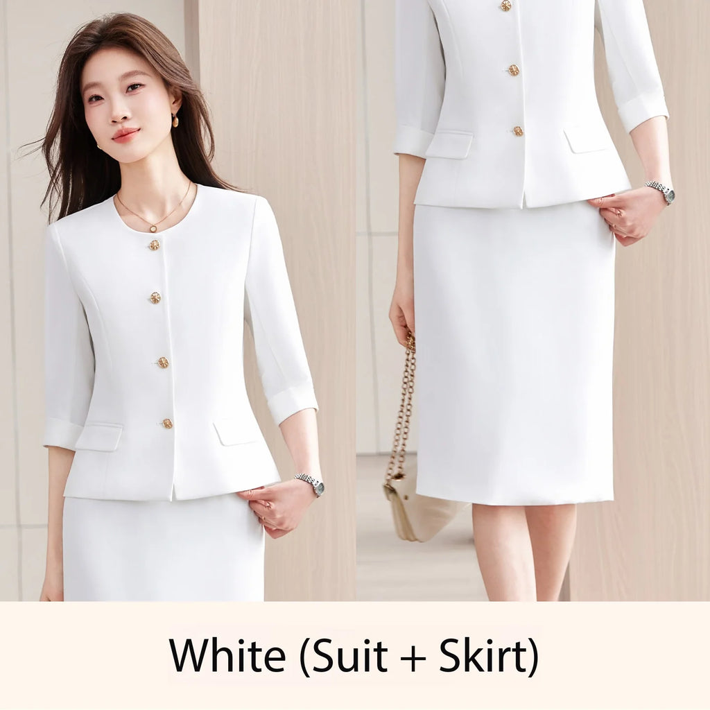 High-End Navy Blue Women's Two-Piece Suit Set Mid-Sleeve round Neck Casual Outfit for Lawyers Teachers Business Summer 2026