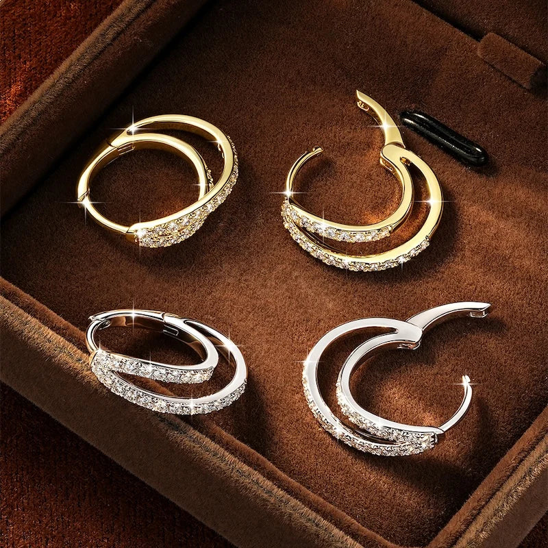 Rrjzz D-Color Lab Created Diamond Huggie Earrings Double-layer Staggered Cross Moissanite Hoop Earrings for Women Jewelry Gifts