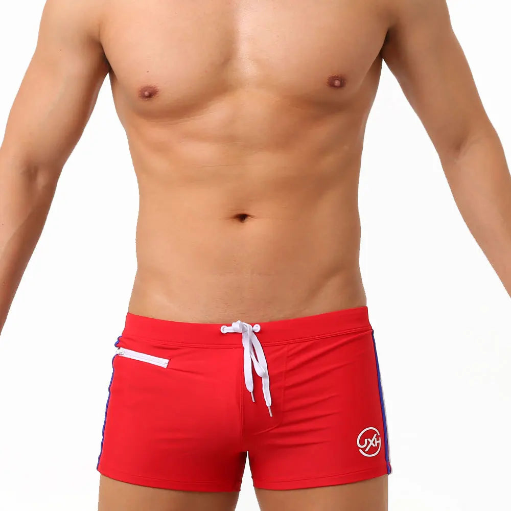 Sexy Swimsuit Beach Quick Drying Trunks Men Swimwear with Zipper Pocket Swimming Boxer Brief Square Leg Bathing Suit Board Short