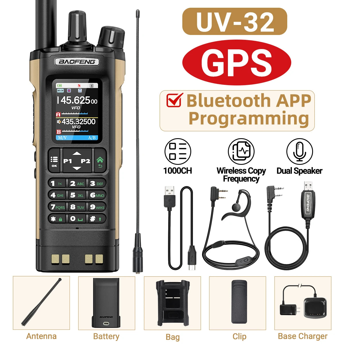 BAOFENG UV-32 GPS Air Band Walkie Talkie Long Range 10W Multi Band Bluetooth Programming Wireless Copy Frequency Two Way Radio