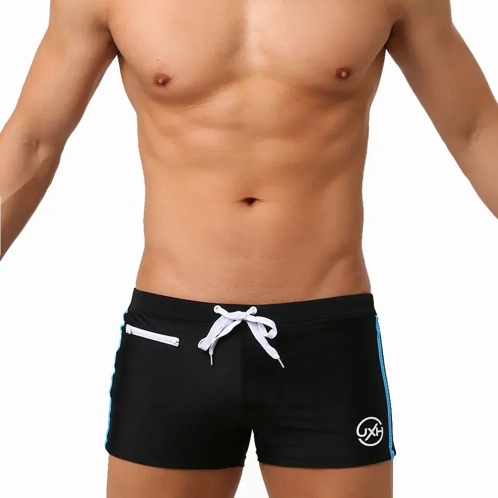 Sexy Swimsuit Beach Quick Drying Trunks Men Swimwear with Zipper Pocket Swimming Boxer Brief Square Leg Bathing Suit Board Short