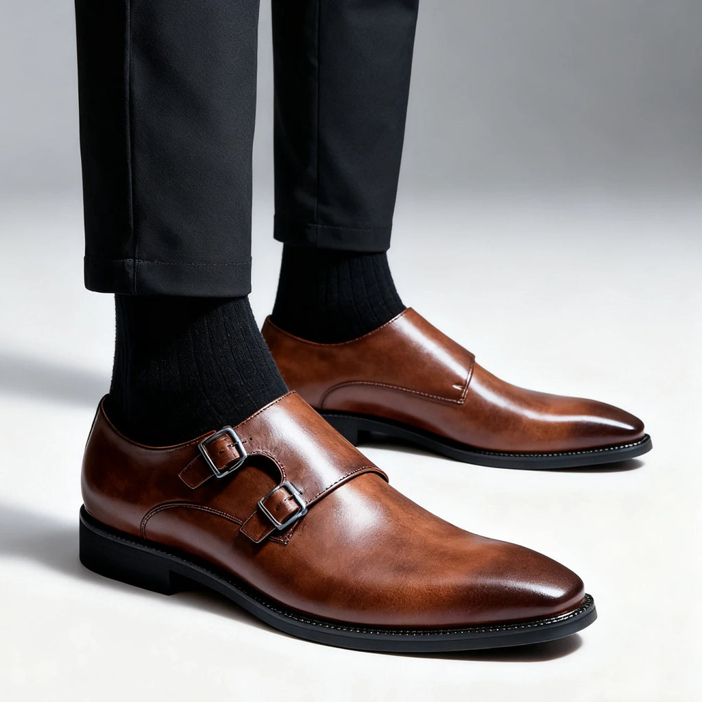 Classic Retro Dress Men's Monk Leather Shoes With Pointed Toe Buckle Business Office Wedding Comfortable Men's Oxfords Shoes