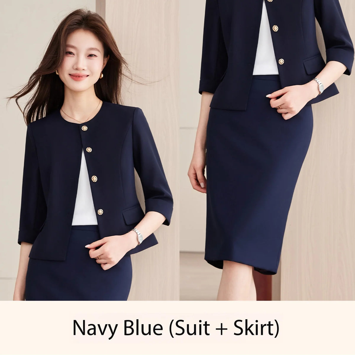 High-End Navy Blue Women's Two-Piece Suit Set Mid-Sleeve round Neck Casual Outfit for Lawyers Teachers Business Summer 2026