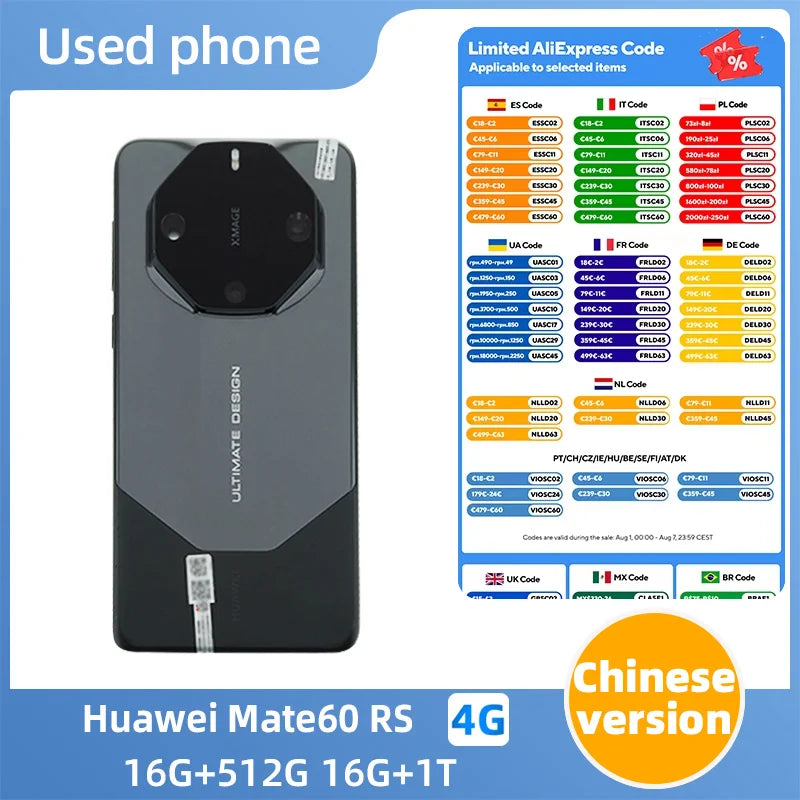 Huawei Mate 60 RS Ultimate Design 4g 6.82in OLED 48MP 5000mAh Android HarmonyOS 4.0 CPU Kirin 9000S Unlocked Used Phone