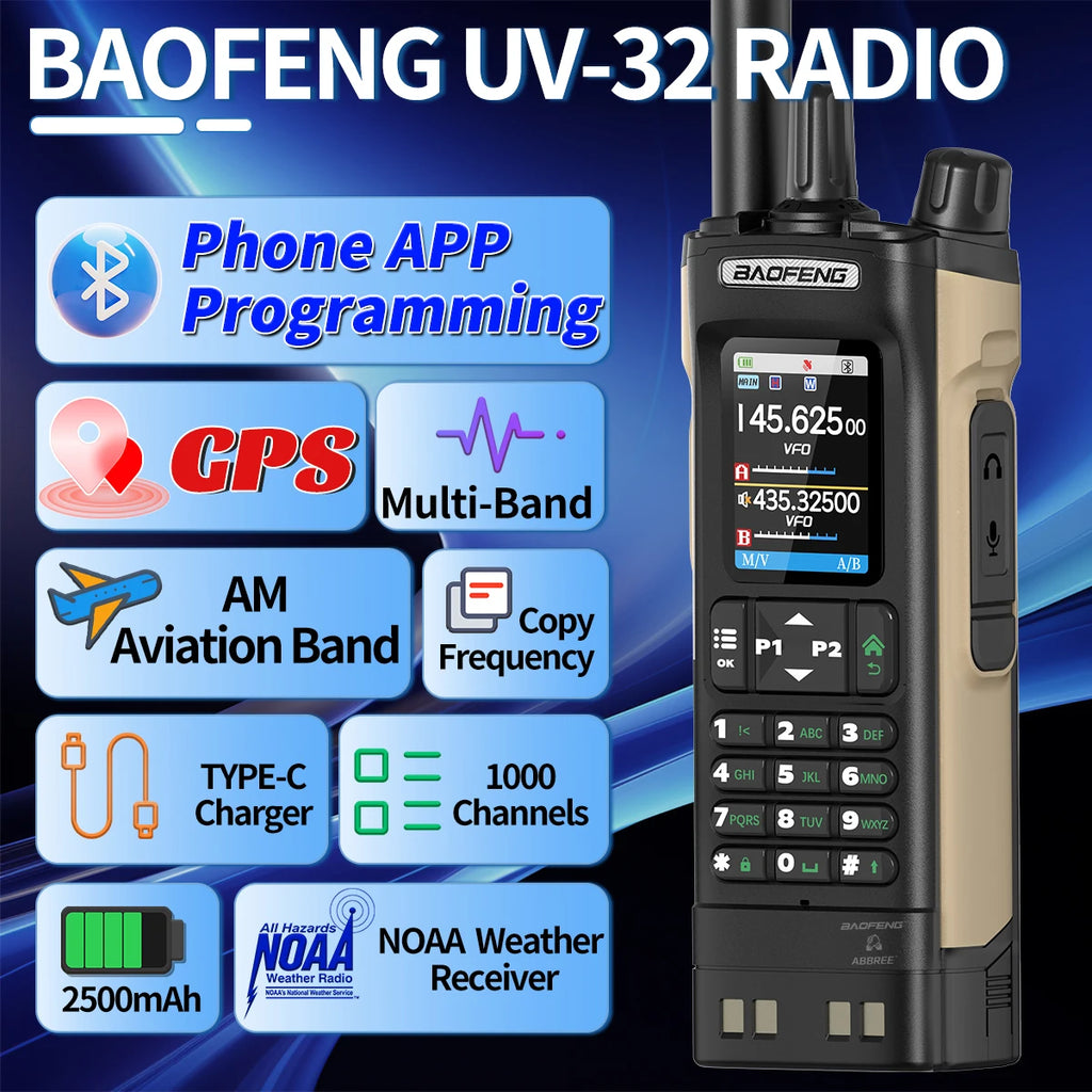 BAOFENG UV-32 GPS Air Band Walkie Talkie Long Range 10W Multi Band Bluetooth Programming Wireless Copy Frequency Two Way Radio