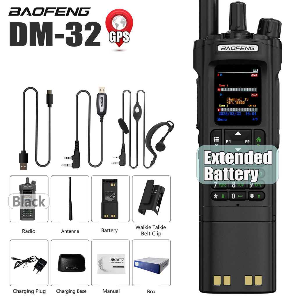 BAOFENG DM-32 DM32 Extended Battery 10W DMR Ham 2 Way Radio GPS Matching Writing Frequency Satellite Positioning USB C Belt Clip