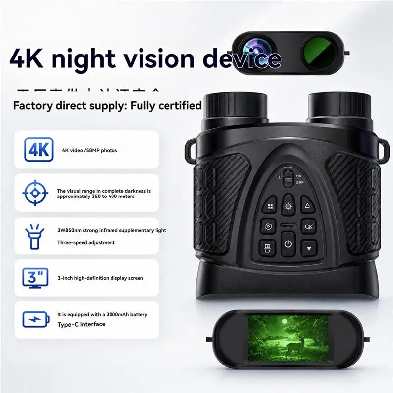 4K Night Vision Binoculars 58MP Digital Infrared Goggles 850nm IR 350M-400M Range F1.0 Lens 8X Zoom 3" Screen Hunting Camera