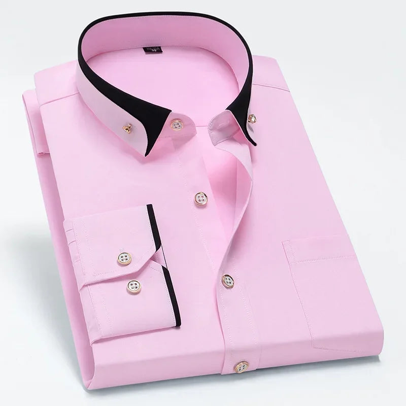 Spring and Autumn New Men's Contrasting Collar Elastic Long Sleeve Shirt Business Casual Comfort No-Iron Shirt Youth Solid Color