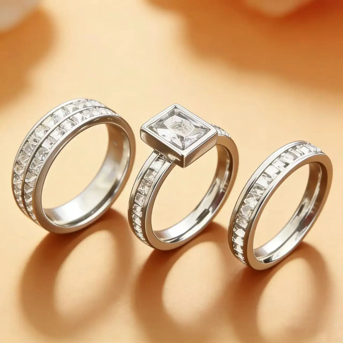 3PCS Set Gold Plated Zirconia (CZ)  Wedding Engagement Band Stainless Steel Ring For Women Classic Jewelry Accessories Gift