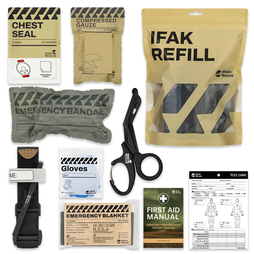 10 of 12 Essential CBRN Survival Items - MUST HAVE: IFAK Refill Supplies, Rhino Rescue Trauma Kit, Combat Survival Gear Medical Kit, Tactical for Emergency First Aid