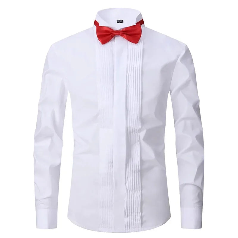 Classic Winged Collar Dress Shirt Men Wingtip Tuxedo Formal With Shirts Red Black Bow Tie Party Dinner Wedding Bridegroom 8XL