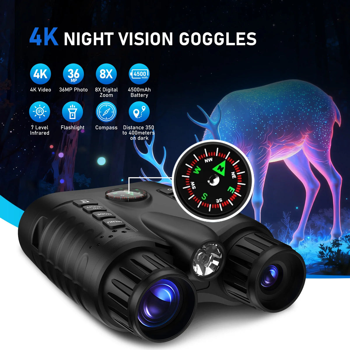 350M Infrared Night Vision Binoculars Camera 8x Digital Zoom 4K 36MP Video Recording Compass Included Low-Light Full Color