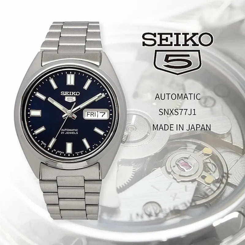 SEIKO 5 SNXS77J1 Automatic Mechanical Wristwatch 37mm Blue Dial Stainless Steel 30m WR Luminous Hands Day-Date Casual Daily Wear