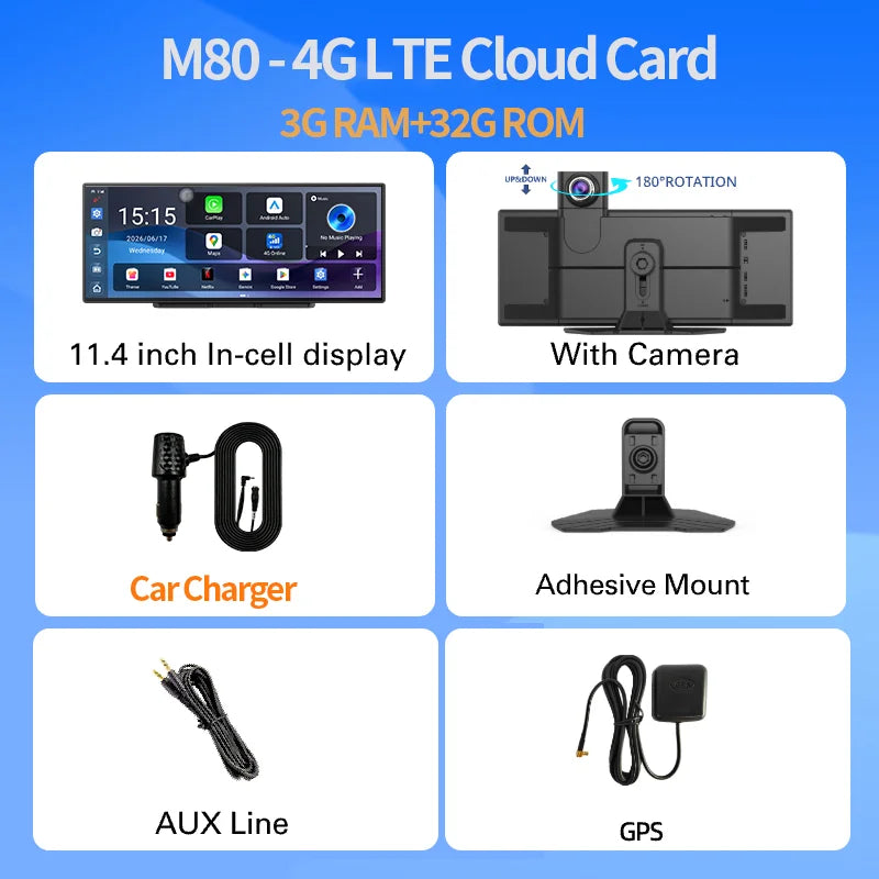 Imagebon M80 11.4' 4G Android 15 Dashcam Wireless CarPlay Android Auto 8-Core GPS Split Screen Parking Monitor ESIM Car Stereo