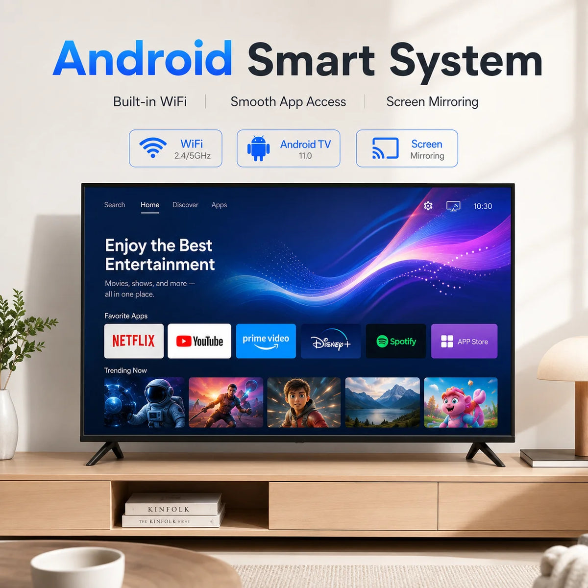 50 Inch Android Smart TV Full HD 1080P LED Television WiFi Screen Mirroring Slim Frame HDMI Home Hotel TV