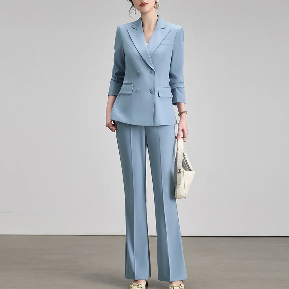 ZJYT Elegant Chic Business Formal Blazer Suit Pants 2 Piece Matching Sets Women 2026 Autumn Office Lady Outfit Blue Work Wear