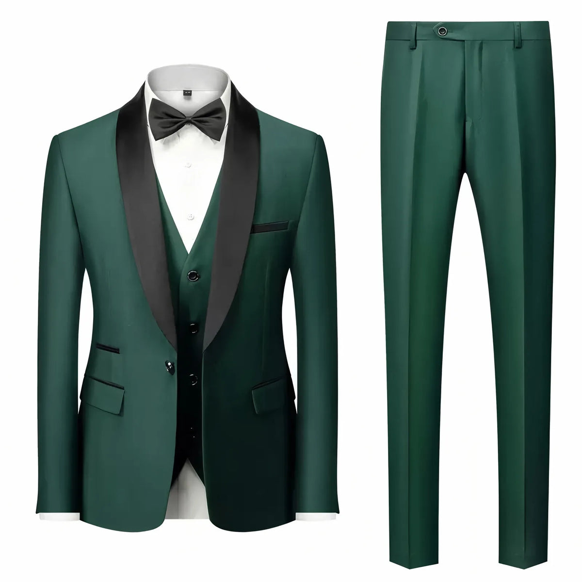 Men'S Green Leaf Collar Three-piece Formal Suit | Contrasting Color Design, Tailored Fit, Includes Vest, Shirt, Pants, Suitable