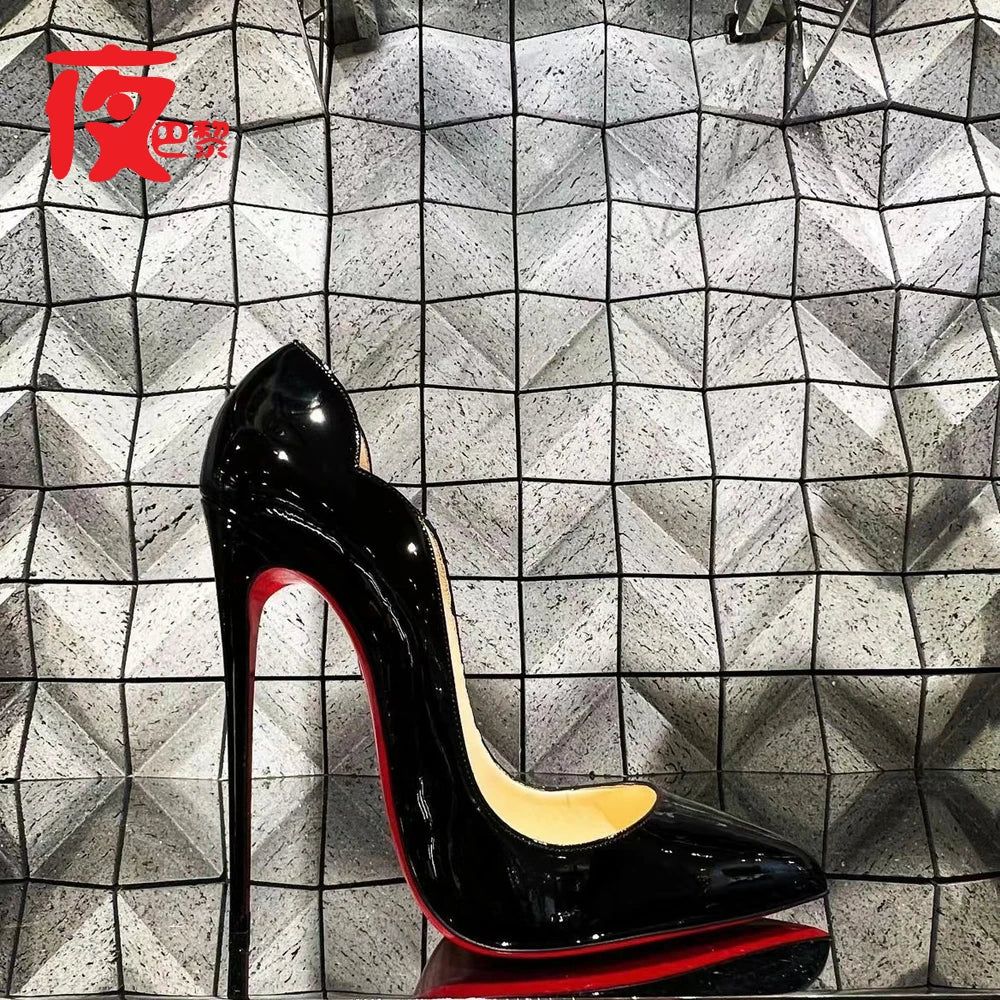 Laser Electric Red High Heels Shallow Mouth Wave Edge Pointed Shoes Sexy 12cm Sexy French Fashion Lady Single Shoes33-46